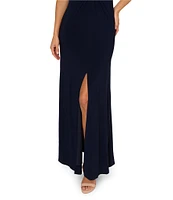 Adrianna Papell V-neck Sleeveless Shirred Jersey Sheath Gown