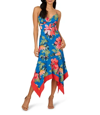 Adrianna Papell V-Neck Spaghetti Straps Floral Print Chiffon Asymmetrical Hem Midi Dress