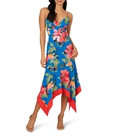 Adrianna Papell V-Neck Spaghetti Straps Floral Print Chiffon Asymmetrical Hem Midi Dress