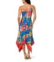 Adrianna Papell V-Neck Spaghetti Straps Floral Print Chiffon Asymmetrical Hem Midi Dress