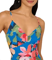 Adrianna Papell V-Neck Spaghetti Straps Floral Print Chiffon Asymmetrical Hem Midi Dress