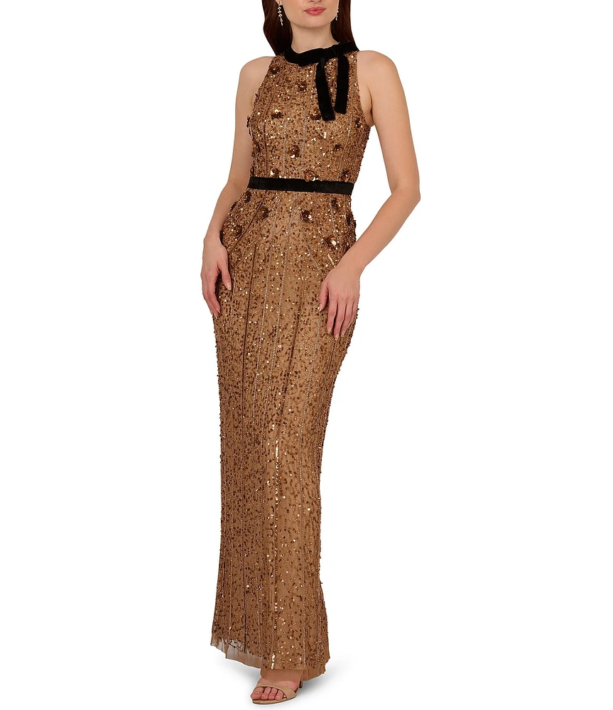 Adrianna Papell Velvet Bow Trim Beaded Mesh Column Gown