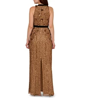 Adrianna Papell Velvet Bow Trim Beaded Mesh Column Gown