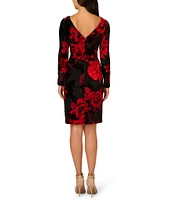 Adrianna Papell Velvet Burnout Floral Print Boat Neck Long Sleeve Dress