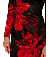 Adrianna Papell Velvet Burnout Floral Print Boat Neck Long Sleeve Dress