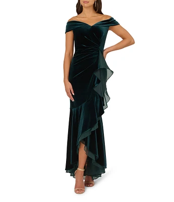 Adrianna Papell Velvet Off The Shoulder Drape Sleeve Cascading Ruffle Faux Wrap Gown