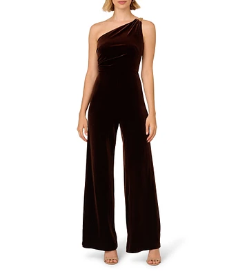 Adrianna Papell Velvet One Shoulder Neck Sleeveless Pleated Side Straight Leg Jumpsuit