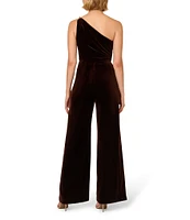 Adrianna Papell Velvet One Shoulder Neck Sleeveless Pleated Side Straight Leg Jumpsuit