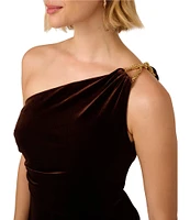 Adrianna Papell Velvet One Shoulder Neck Sleeveless Pleated Side Straight Leg Jumpsuit