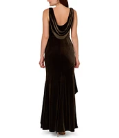 Adrianna Papell Velvet V-Neck Sleeveless Drape Back Asymmetrical Tiered Hem Gown