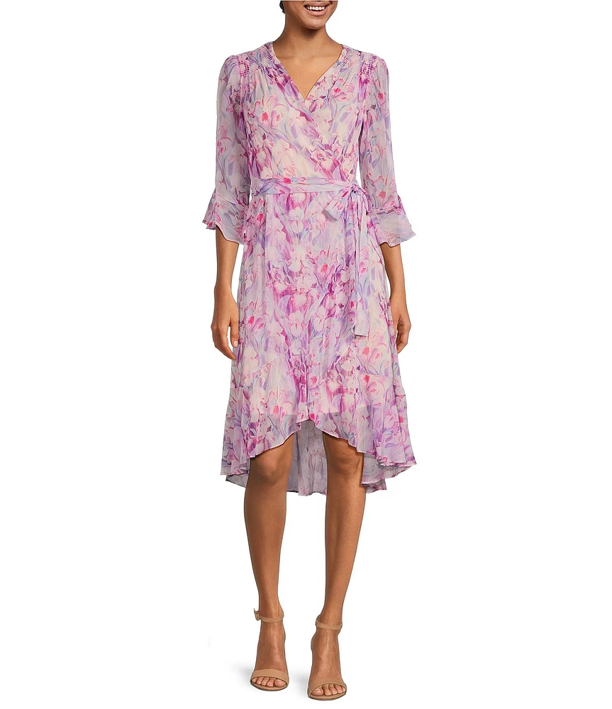 Adrianna Papell Watercolor Print 3/4 Ruffle Cuff Sleeve High-Low Hem Faux Wrap Dress