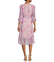 Adrianna Papell Watercolor Print 3/4 Ruffle Cuff Sleeve High-Low Hem Faux Wrap Dress