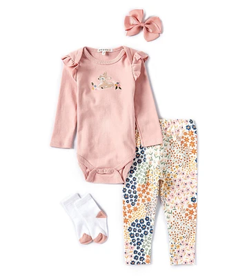 Adventurewear 360 Baby Girls 3-12 Months Long Sleeve Fawn Embordered Bodysuit & Floral Print Pants Set