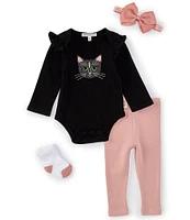 Adventurewear 360 Baby Girls 3-12 Months Long Sleeve Kitty Embordered Bodysuit & Pants Set