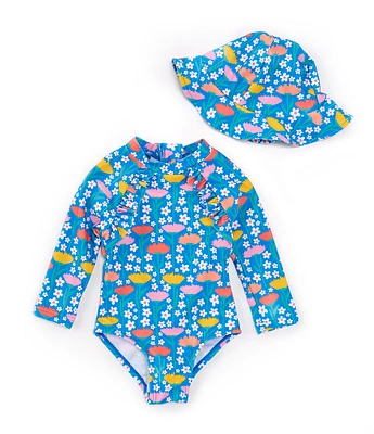 Adventurewear 360 Baby Girls 3-24 Months Long Sleeve Round Neck Floral Rashguard Swimsuit & Hat Set