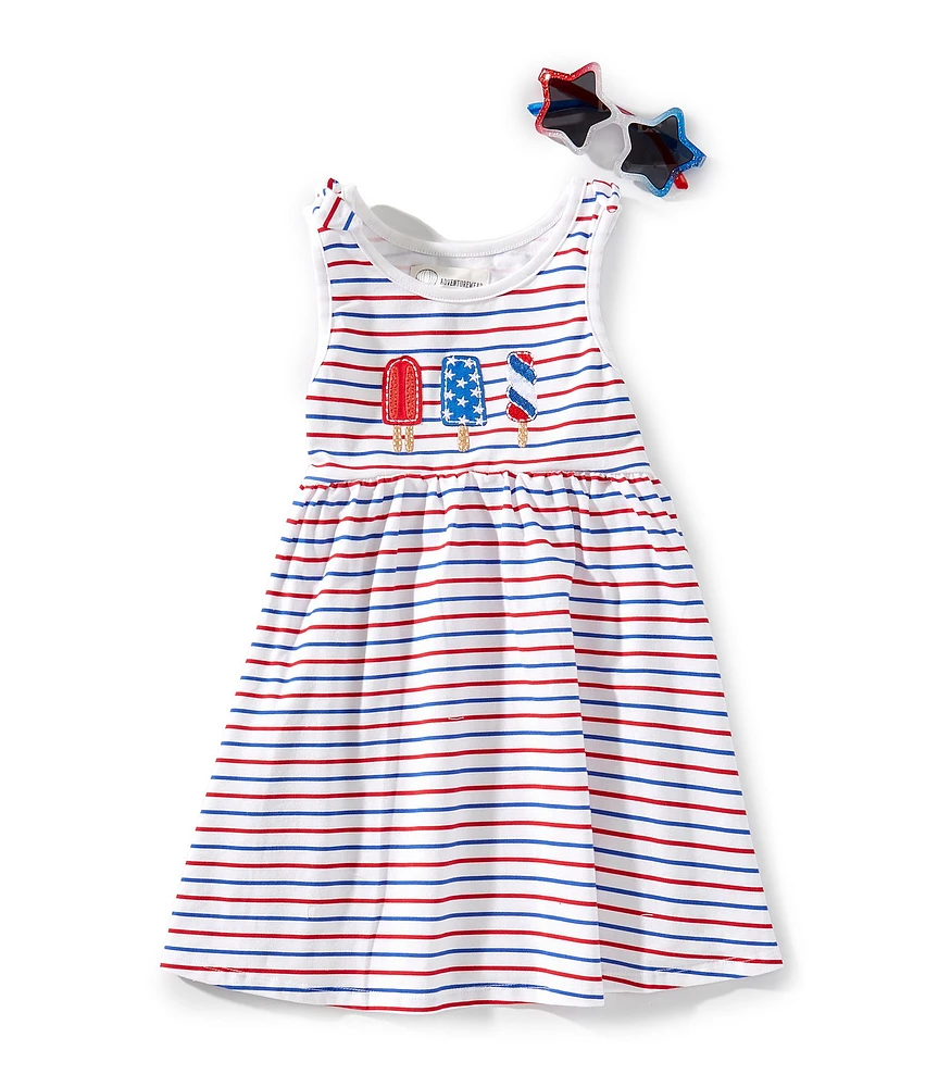 Adventurewear 360 Little Girls 2T-6X Round Neckline Sleeveless Americana Popsicle Dress With Sunglasses Set