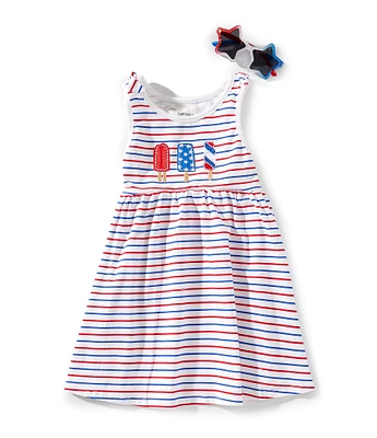 Adventurewear 360 Little Girls 2T-6X Round Neckline Sleeveless Americana Popsicle Dress With Sunglasses Set