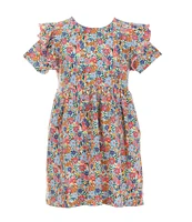 Adventurewear 360 Little Girls 2T-6X Puppy Floral Print Round Neck Cap Sleeve Shift Dress