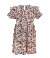 Adventurewear 360 Little Girls 2T-6X Puppy Floral Print Round Neck Cap Sleeve Shift Dress