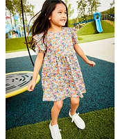Adventurewear 360 Little Girls 2T-6X Puppy Floral Print Round Neck Cap Sleeve Shift Dress
