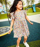 Adventurewear 360 Little Girls 2T-6X Puppy Floral Print Round Neck Cap Sleeve Shift Dress