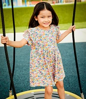 Adventurewear 360 Little Girls 2T-6X Puppy Floral Print Round Neck Cap Sleeve Shift Dress