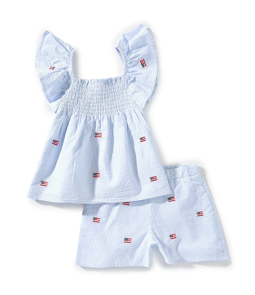 Adventurewear 360 Little Girls 2T-6X Seersucker American Flag Flutter Sleeve Top & Matching Shorts Set