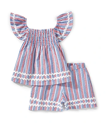 Adventurewear 360 Little Girls 2T-6X Striped Seersucker Flutter Sleeve Top & Matching Pull-On Shorts Set