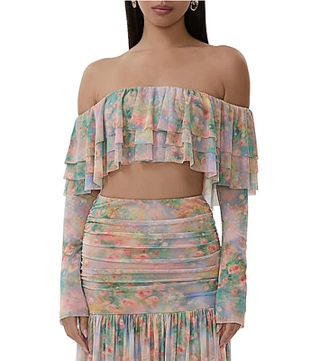 AFRM Alma Printed Mesh Knit One Shoulder Neck Long Sleeve Ruffle Coordinating Top