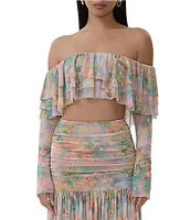 AFRM Alma Printed Mesh Knit One Shoulder Neck Long Sleeve Ruffle Coordinating Top