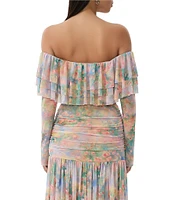 AFRM Alma Printed Mesh Knit One Shoulder Neck Long Sleeve Ruffle Coordinating Top