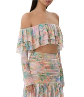 AFRM Alma Printed Mesh Knit One Shoulder Neck Long Sleeve Ruffle Coordinating Top