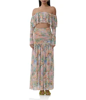 AFRM Alma Printed Mesh Knit One Shoulder Neck Long Sleeve Ruffle Coordinating Top