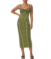 AFRM Amina Abstract Printed Mesh V Neck Sleeveless Midi Dress