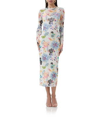 AFRM Ashland Floral Printed Mesh Crew Neck Long Sleeve Sheath Midi Dress