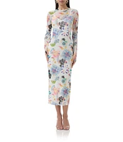 AFRM Ashland Floral Printed Mesh Crew Neck Long Sleeve Sheath Midi Dress