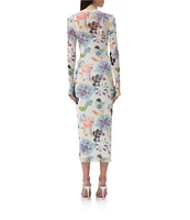 AFRM Ashland Floral Printed Mesh Crew Neck Long Sleeve Sheath Midi Dress