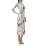 AFRM Ashland Floral Printed Mesh Crew Neck Long Sleeve Sheath Midi Dress