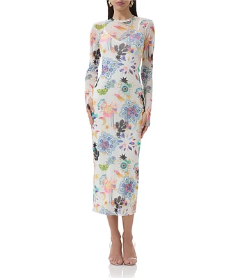 AFRM Ashland Floral Printed Mesh Crew Neck Long Sleeve Sheath Midi Dress