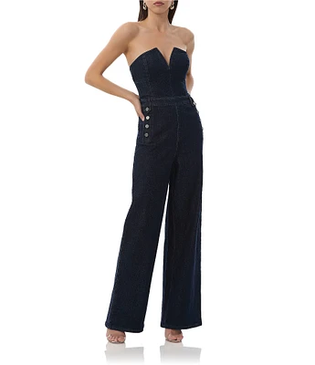 AFRM Bailey Relaxed Off-The-Shoulder Wide Leg Denim Sailor Jumpsuit