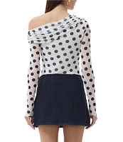 AFRM Barry Dotted Print Mesh Asymmetric Neck Long Sleeve Top