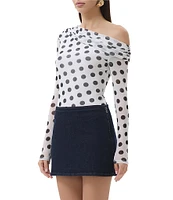 AFRM Barry Dotted Print Mesh Asymmetric Neck Long Sleeve Top