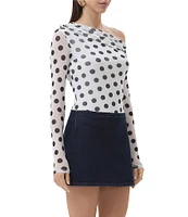 AFRM Barry Dotted Print Mesh Asymmetric Neck Long Sleeve Top