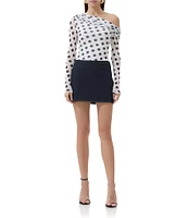 AFRM Barry Dotted Print Mesh Asymmetric Neck Long Sleeve Top