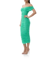 AFRM Belmont Mesh Jersey Off-The-Shoulder Ruched Sheath Midi Dress