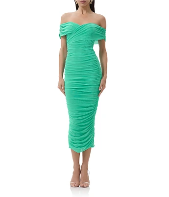 AFRM Belmont Mesh Jersey Off-The-Shoulder Ruched Sheath Midi Dress