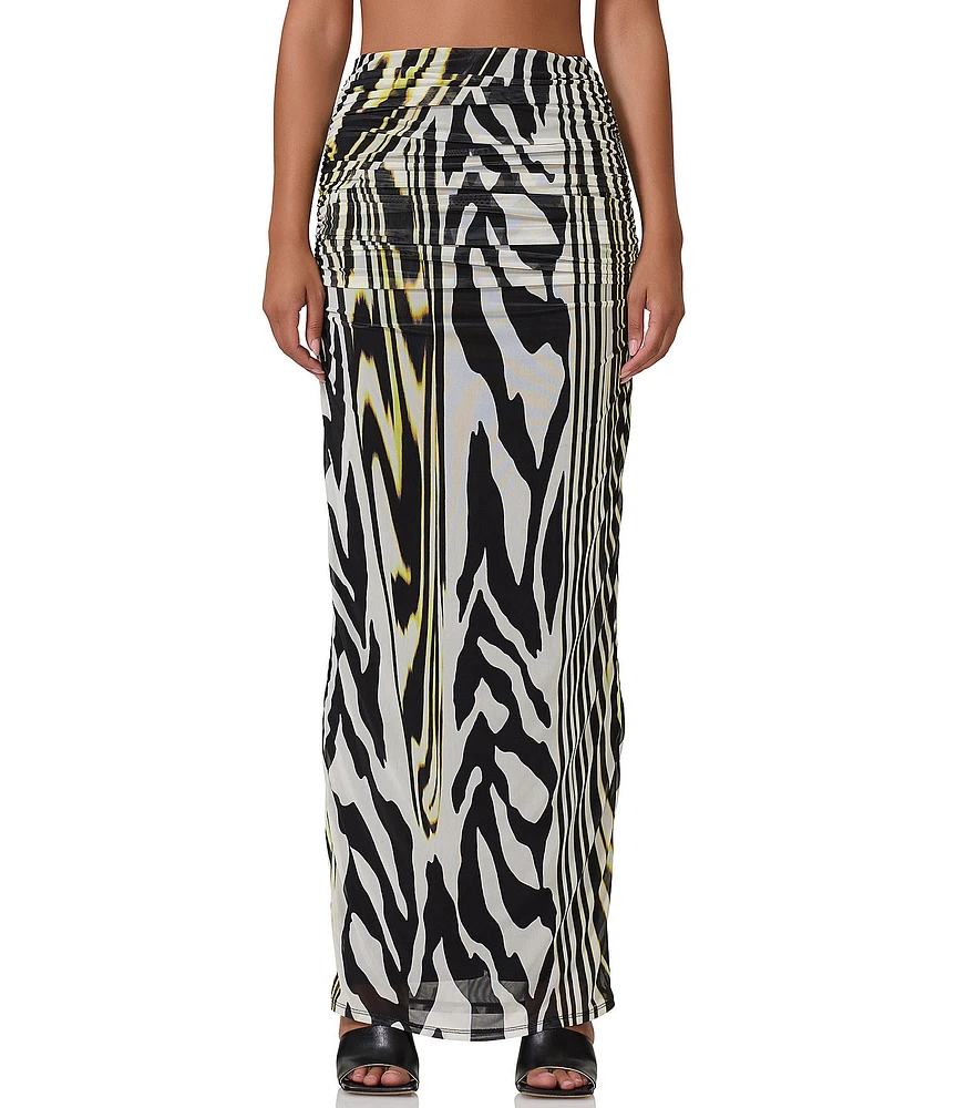 AFRM Bevin Abstract Zebra Printed Mesh Ruched Pull-On Coordinating Maxi Skirt