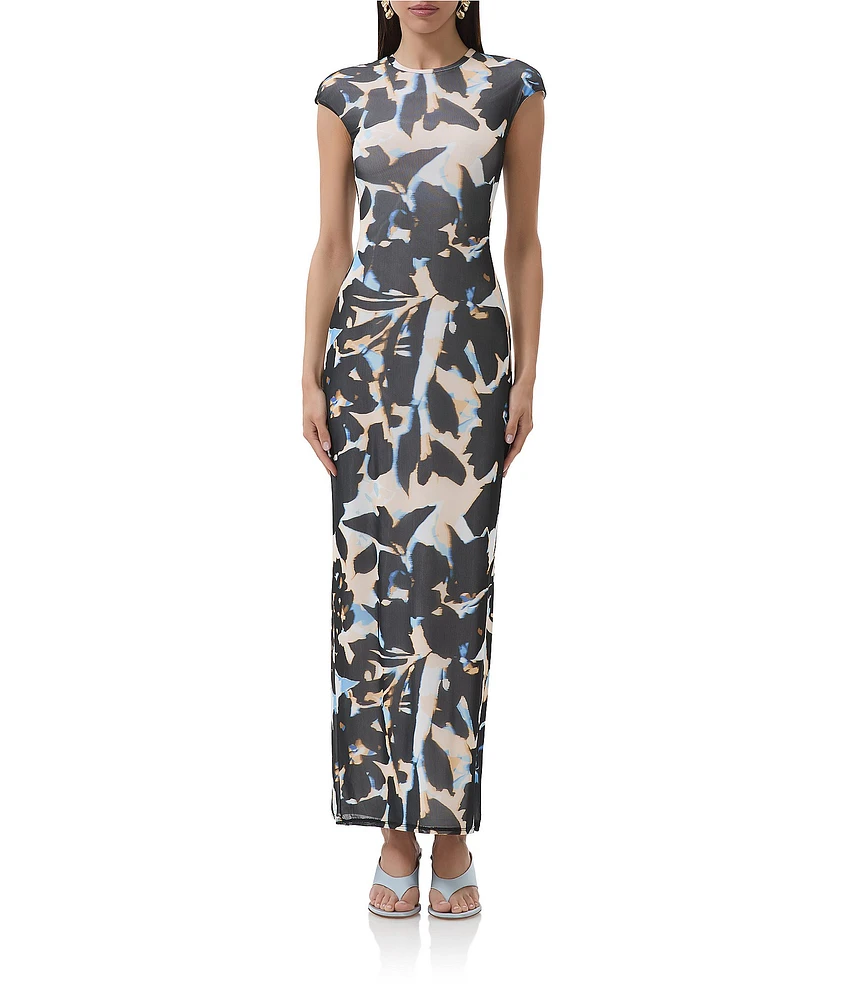 AFRM Cody Floral Mesh Crew Neck Cap Sleeves Maxi Dress