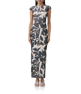 AFRM Cody Floral Mesh Crew Neck Cap Sleeves Maxi Dress