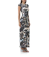 AFRM Cody Floral Mesh Crew Neck Cap Sleeves Maxi Dress